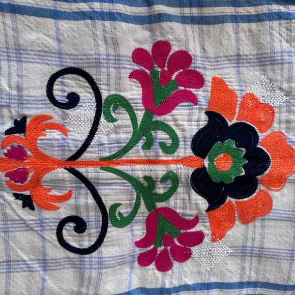 NWT We The Free Blue Plaid Sashiko Flannel Shirt with Floral Embroidery M - Picture 7 of 11